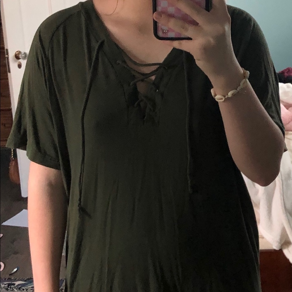 olive green lace up PINK victoria secret shirt